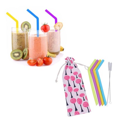 BPA Free Reusable silicone drinking straws with brush and storage pouch